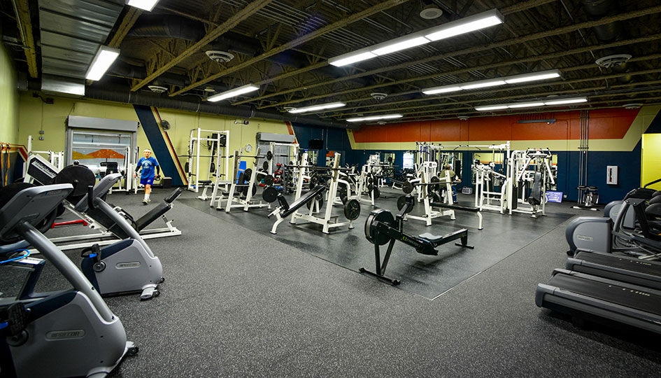 Lake Crystal Area Recreation Center fitness room with treadmills and weight equipment